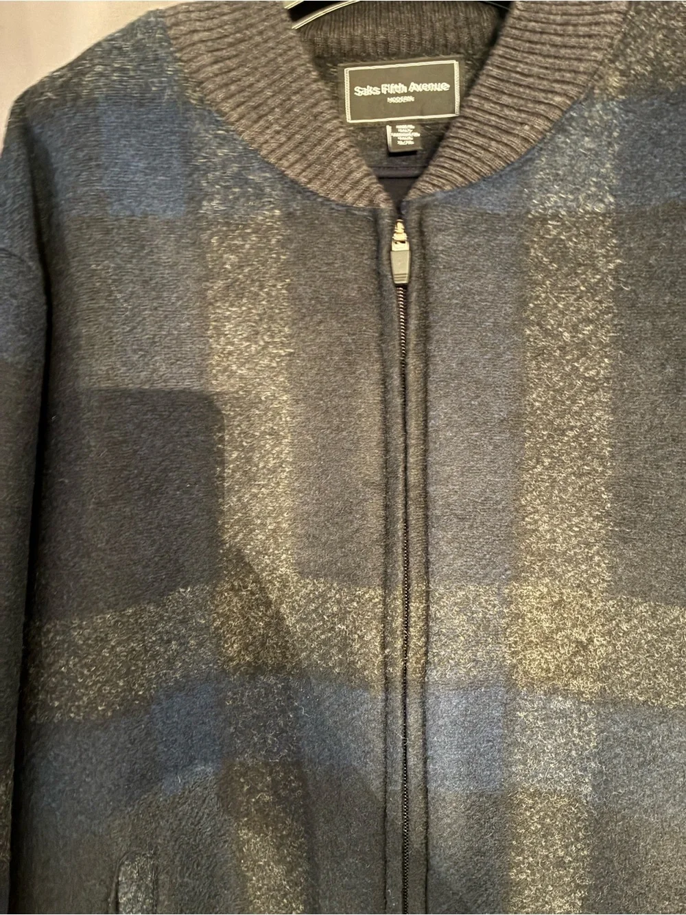 Saks Fifth Avenue Men's Navy and Gray Plaid Zip-Up Wool Jacket